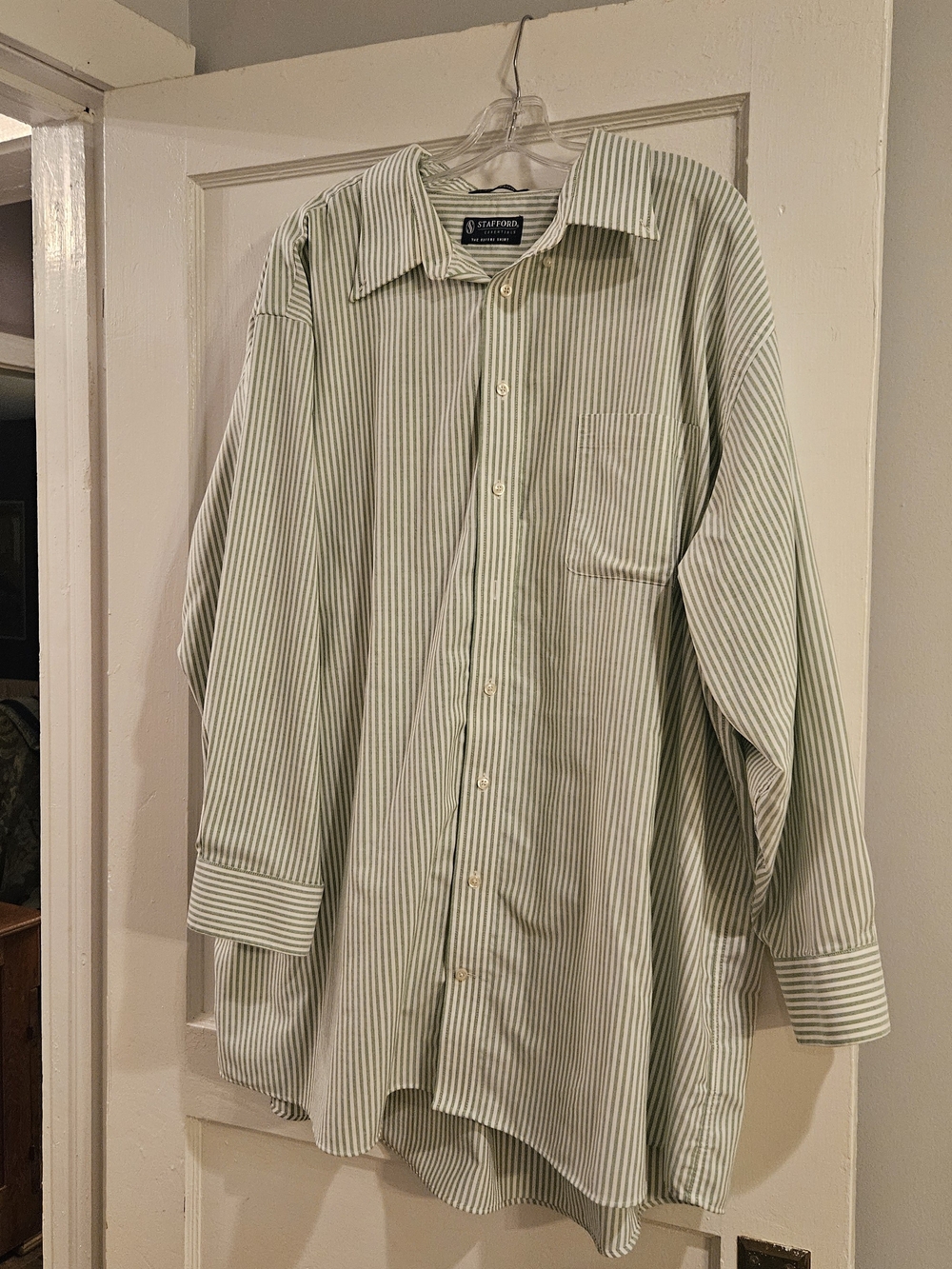 Big And Tall Stafford Light Green and White Striped Dress Shirt